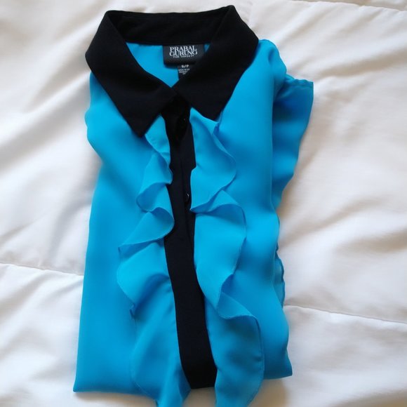 Prabel Gurung x Target blue long sleeve blouse w/black accents & ruffles Small - Picture 15 of 16